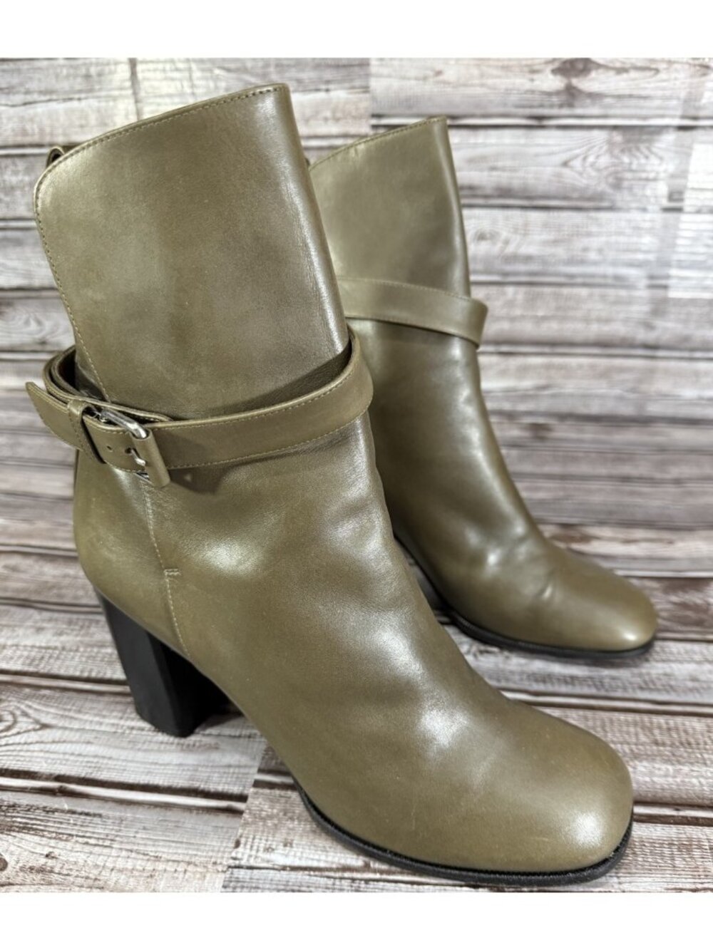 Celine Block Heel Strap Leather Booties Size 39.5 US 9.5 Color Green Made Italy